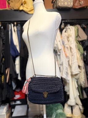 Handcrafted Dark Grey Knit Crossbody Bag with Tassel